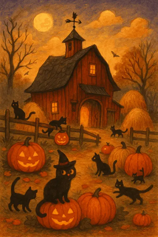 Mischievous pumpkins with glowing faces coming alive on a farm