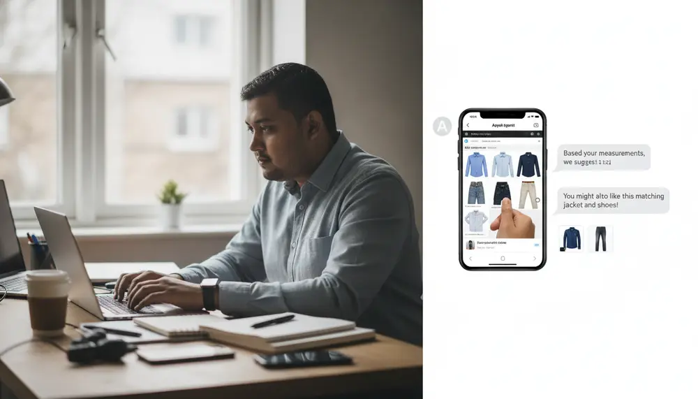 Mobile online shopping screen showing interactive AI chat offering tailored product recommendations.
