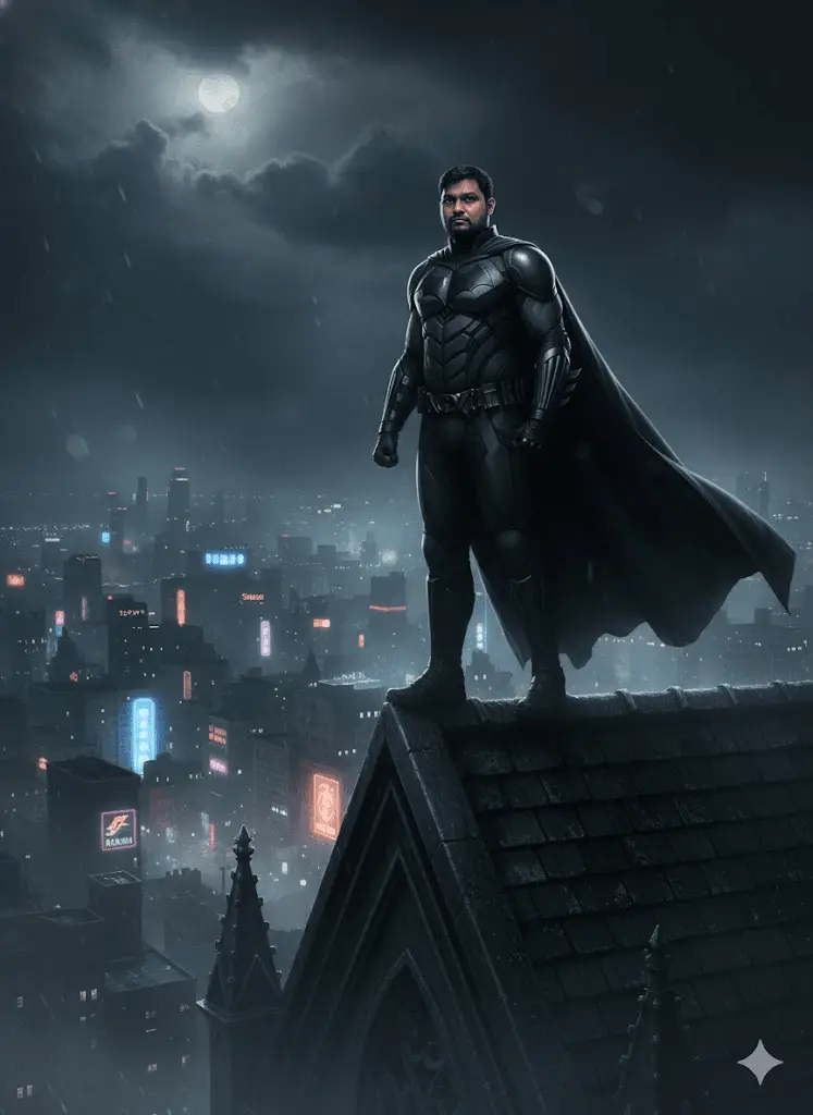 Moody superhero portrait set against a dark, glowing city skyline.