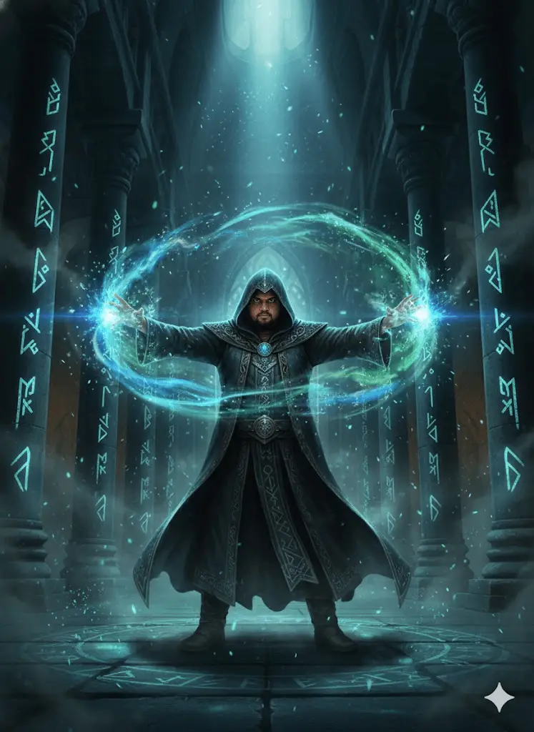Mystical figure surrounded by glowing magical energy in fantasy film style