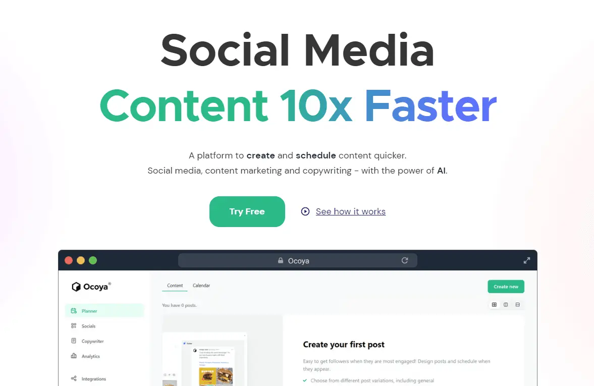 Ocoya dashboard interface displaying social media marketing tools.