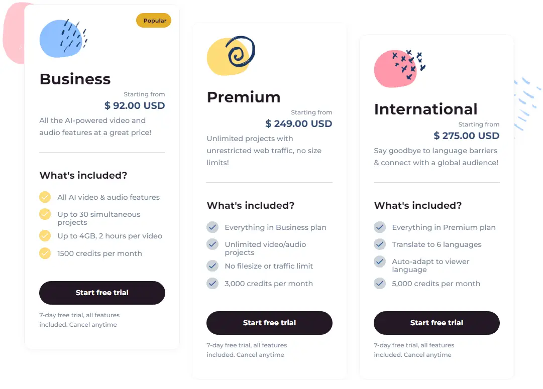 Official pricing structure for OneTake AI video editing software plans