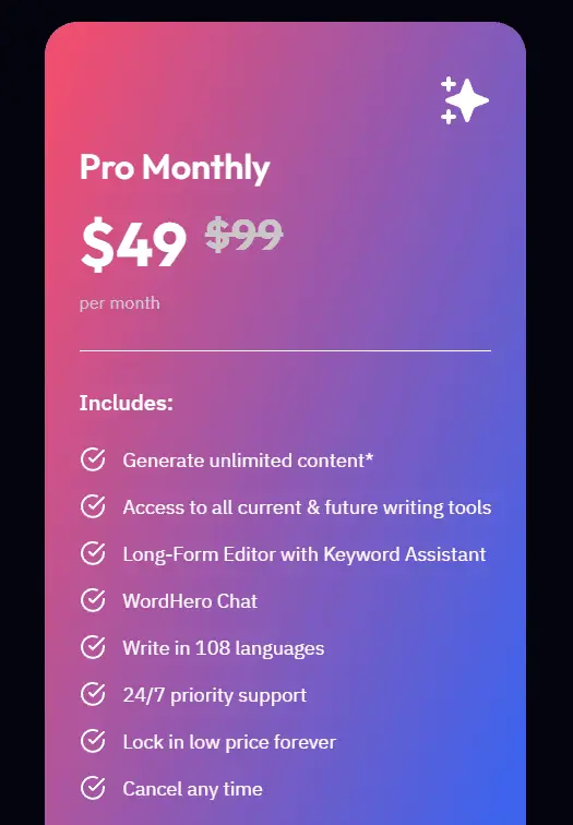 Official subscription and lifetime plans offered by WordHero platform.