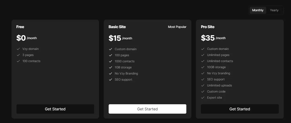 Official subscription pricing plans for Vzy website builder
