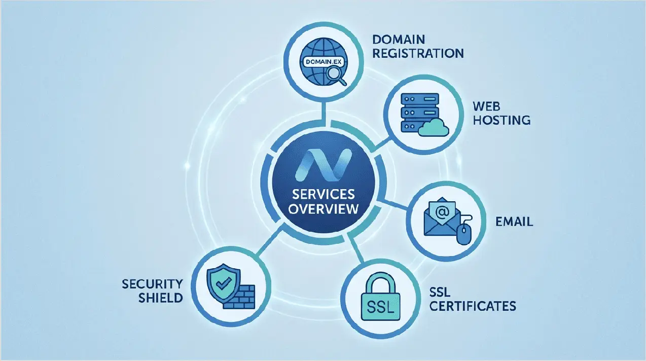 Overview diagram showing the main services and features offered by Namecheap.