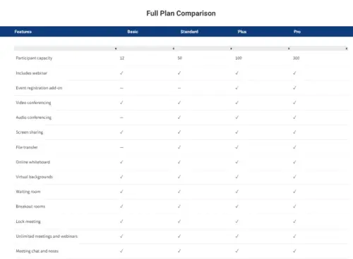 Overview of the official pricing plans and subscription options for VivoMeetings
