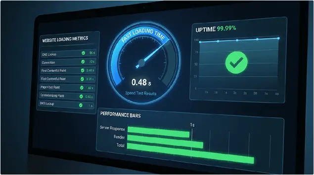 Performance testing results showing Bluehost speed and response times