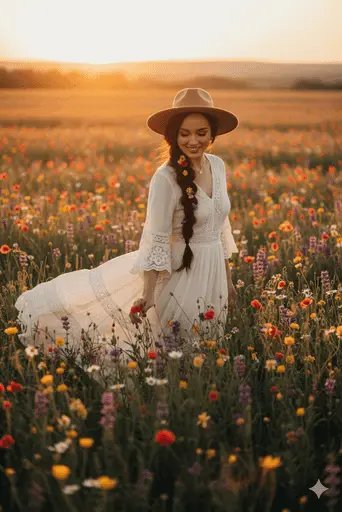 Person running through a field of wildflowers during golden hour