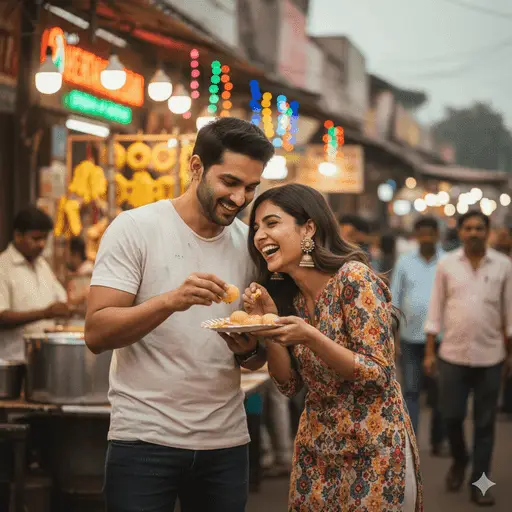 Playful couple sharing a messy meal and laughing together