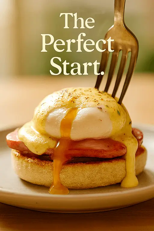 Poached eggs benedict with hollandaise sauce on toasted muffins