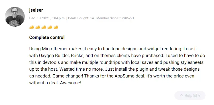 Positive customer feedback for Microthemer WordPress design tool lifetime deal