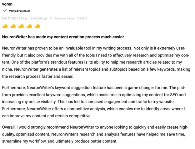 Positive customer review and feedback about using NeuronWriter