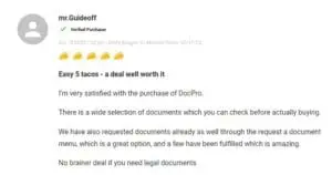 Positive customer review rating DocPro five stars for legal templates.