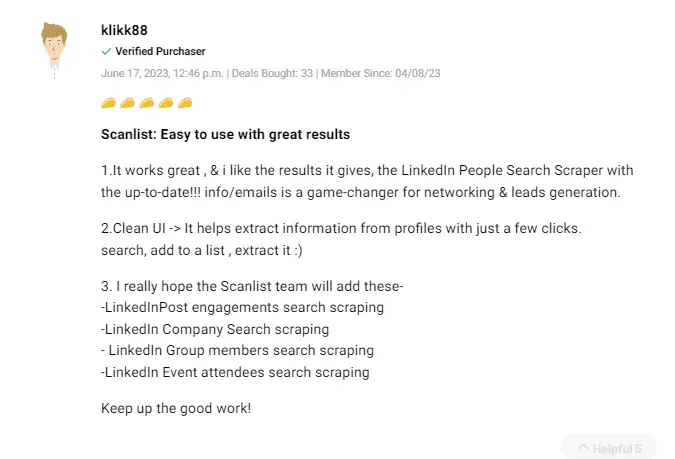 Positive customer review rating Scanlist lead generation tool.