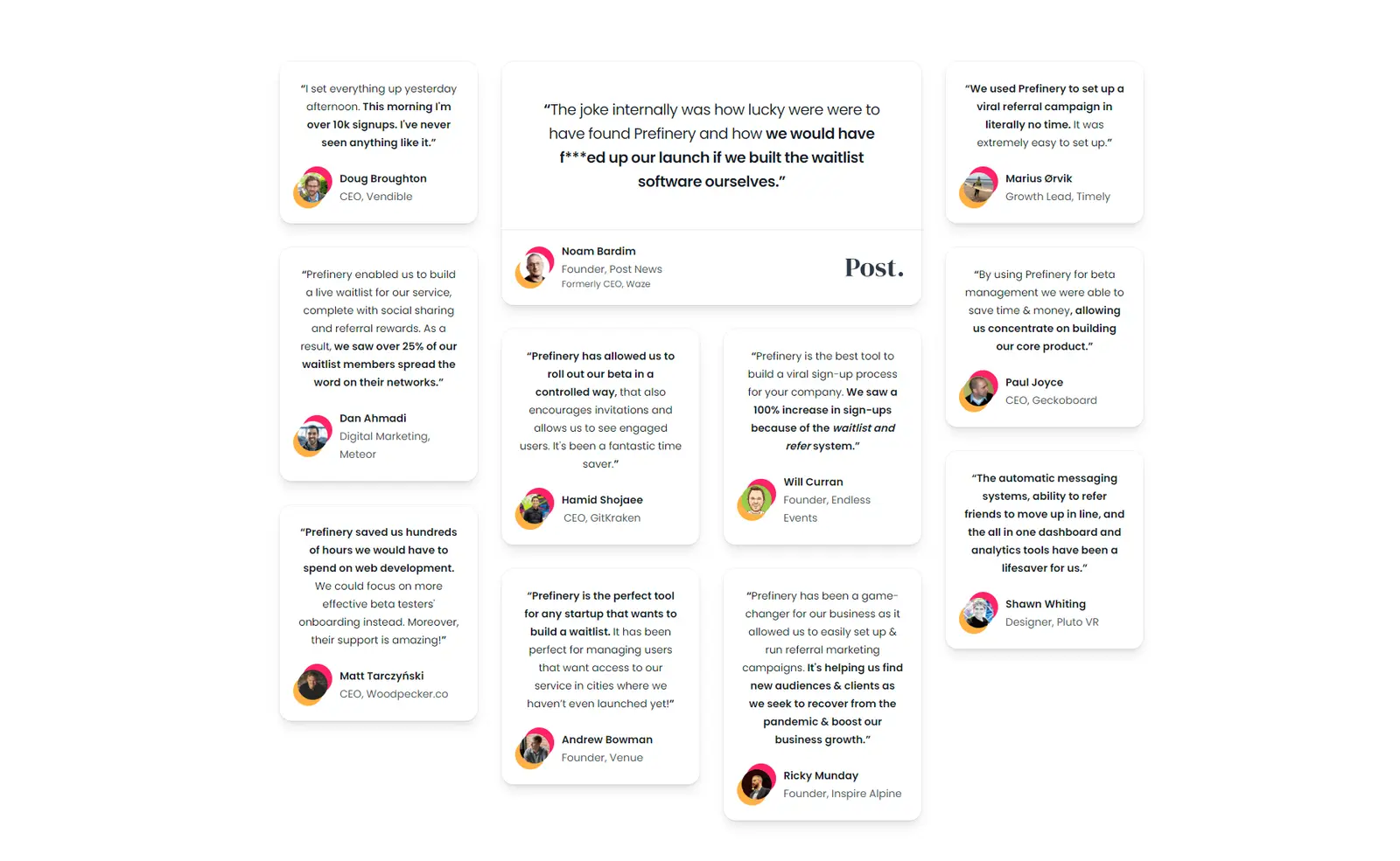 Positive customer reviews and ratings for the Prefinery platform.