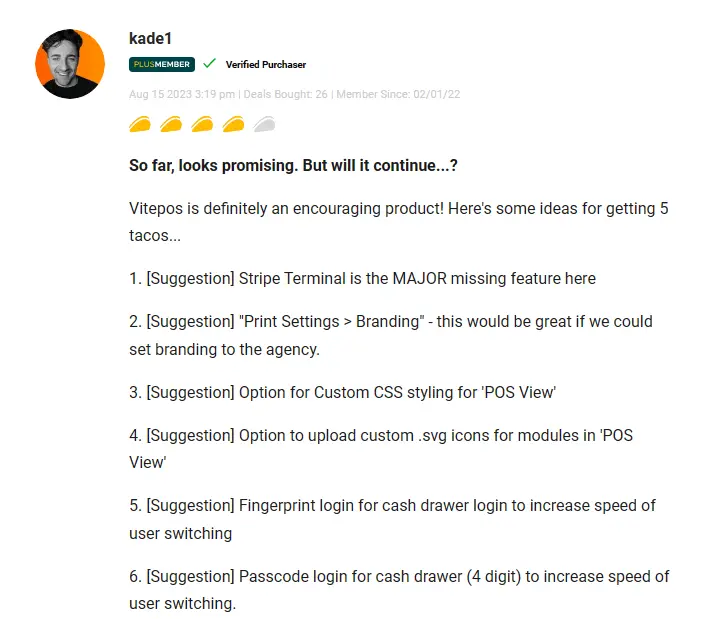 Positive customer reviews and ratings for Vitepos software