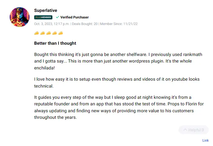 Positive customer testimonial about the Squirrly SEO lifetime deal