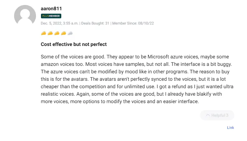 Positive customer testimonial reviewing the Synthesys AI Studio lifetime deal.