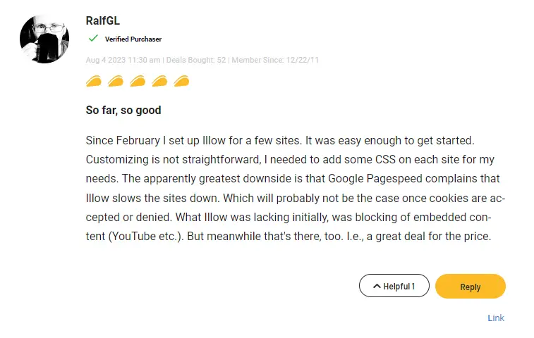 Positive user review and rating for the Illow software