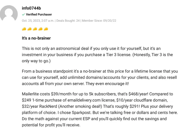 Positive user review and testimonial for EmailDelivery.com lifetime deal