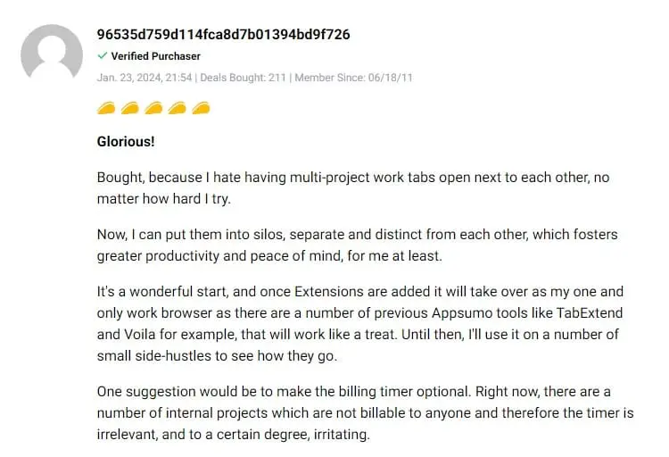 Positive user review praising Kirmada for improving project workflow