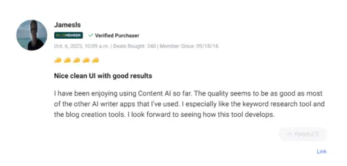 Positive user review regarding the GoZen Content AI lifetime deal