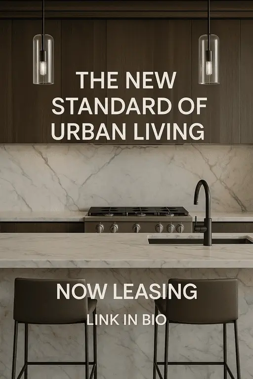 Premium apartment listing advertisement highlighting a modern luxury living room