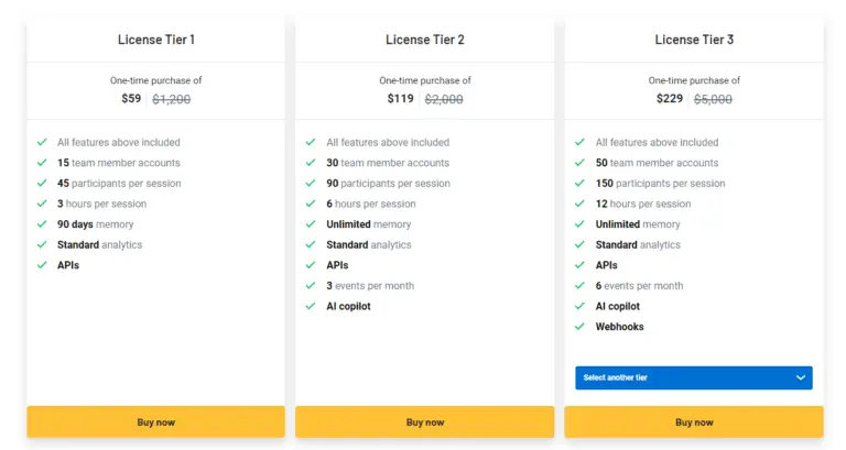 Pricing tiers and plans for Sessions on the AppSumo platform.