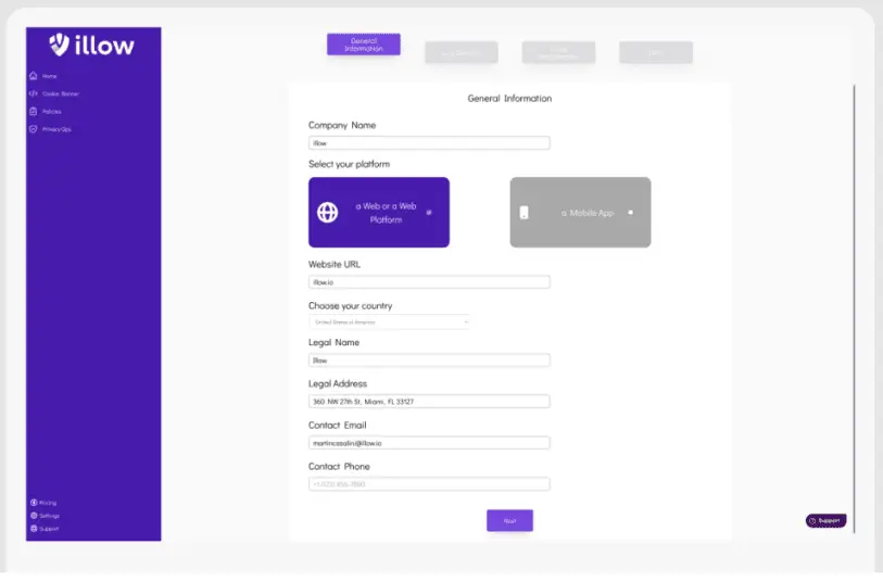 Privacy policy generation interface within the Illow platform