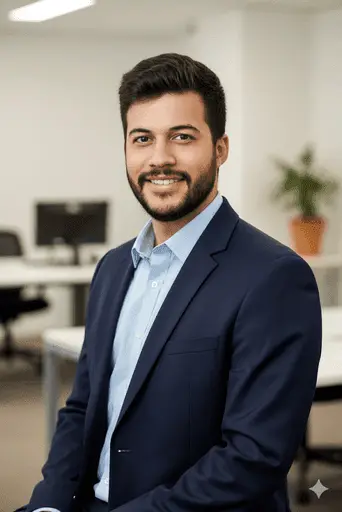 Professional corporate headshot wearing a dark blazer in an office