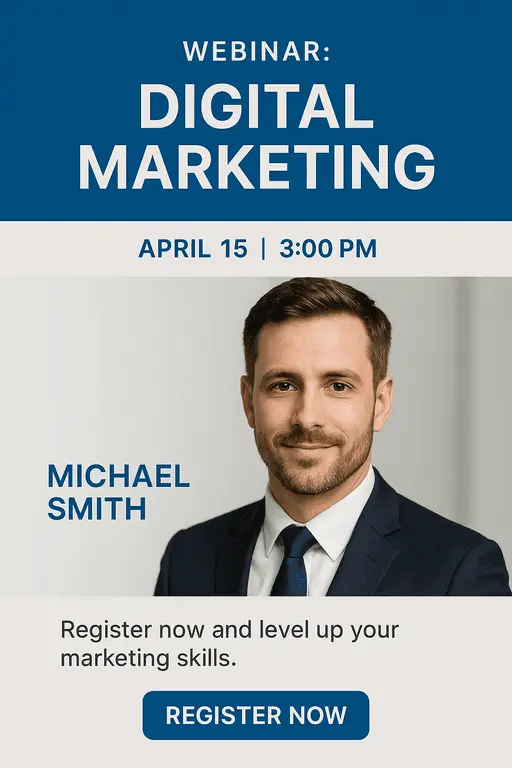 Professional digital marketing webinar advertisement poster with clean layout.