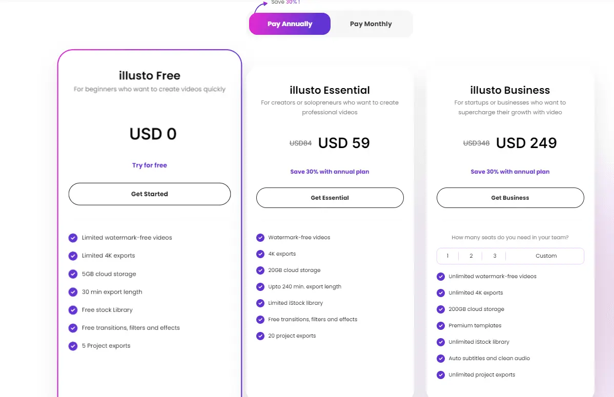 Regular monthly subscription pricing plans for Illusto video editor.
