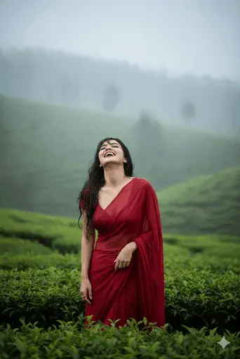 Relaxed woman enjoying tea in a lush green garden setting