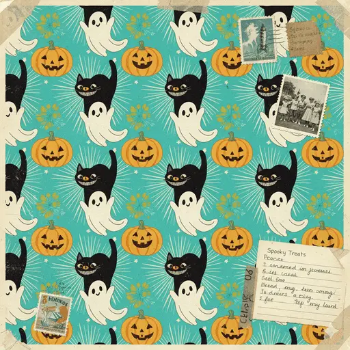 Retro mid-century Halloween pattern with pumpkins and black cats