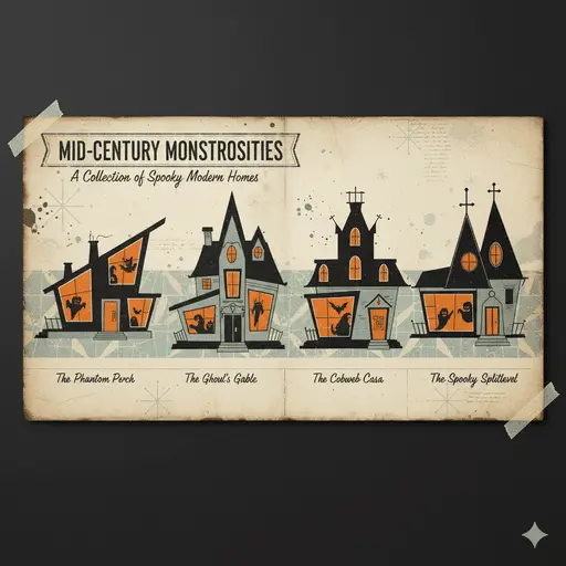 Retro mid-century modern style illustration of spooky haunted houses.