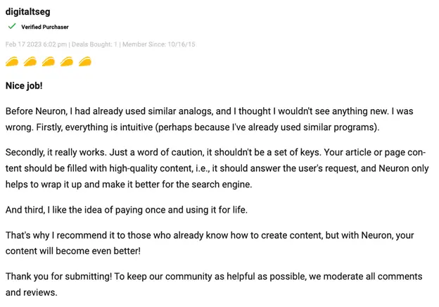 Review from a content marketer sharing their NeuronWriter experience