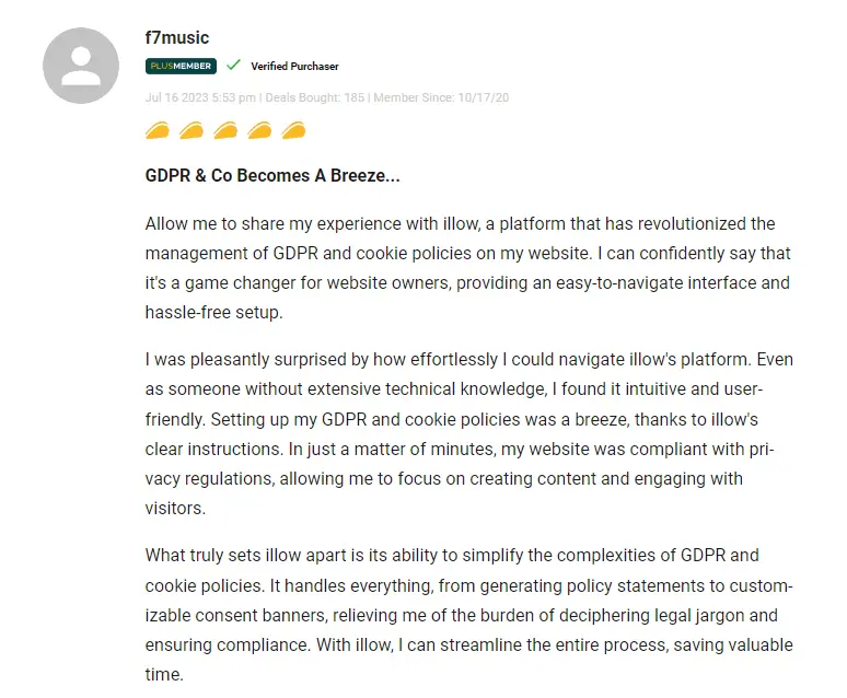 Review praising the automated cookie categorization and support team