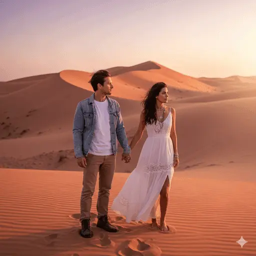 Romantic couple embracing against a vast, warm desert landscape