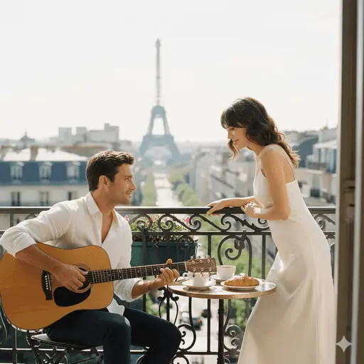 Romantic couple on a Parisian balcony with the Eiffel Tower
