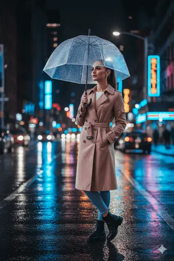 Romantic couple walking together on rain-slicked city streets at night