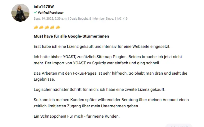 Satisfied client sharing their success with Squirrly SEO optimization tools