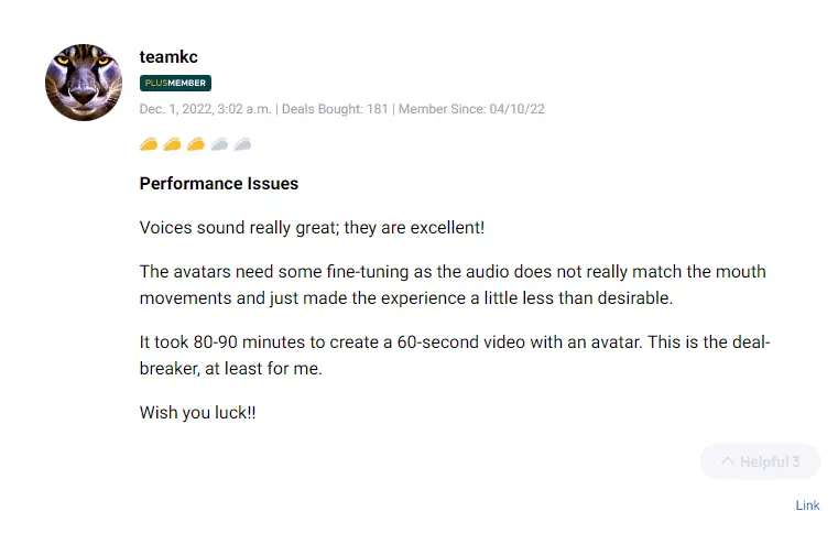 Satisfied customer review praising the AI studio's voice and video quality.