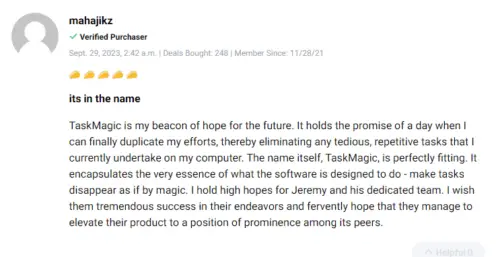 Satisfied user sharing their experience with TaskMagic automation features
