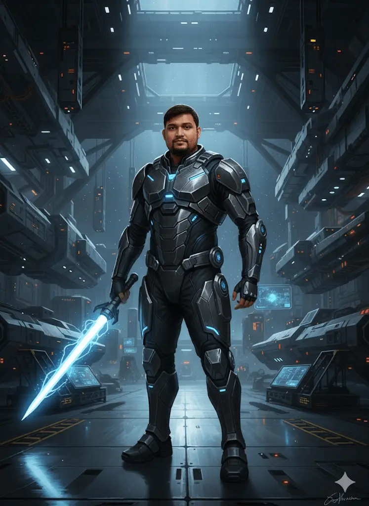 Sci-fi portrait featuring vibrant neon lights and cosmic space elements.