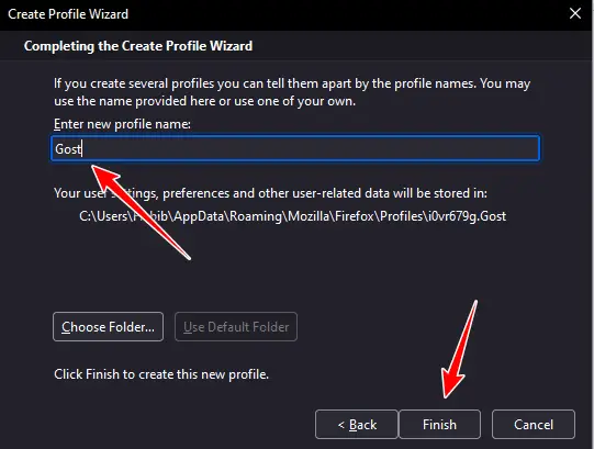 Select a folder location for the new Firefox profile data.