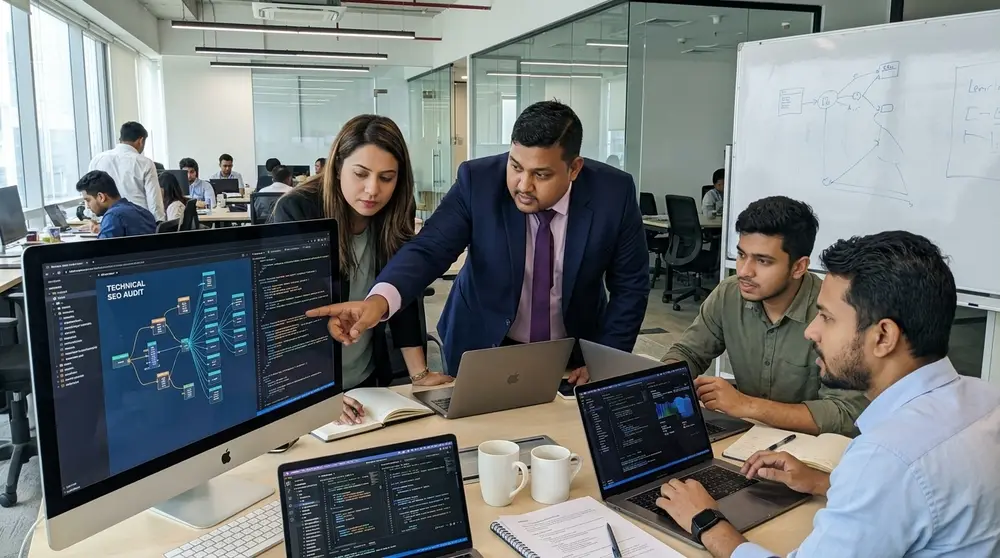 SEO engineering team reviewing automated technical code patches generated by an enterprise AI agent.