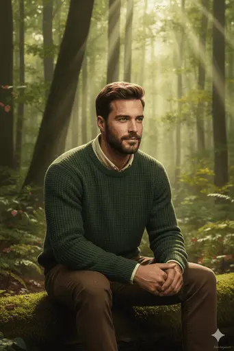 Serene portrait of a person surrounded by lush green forest