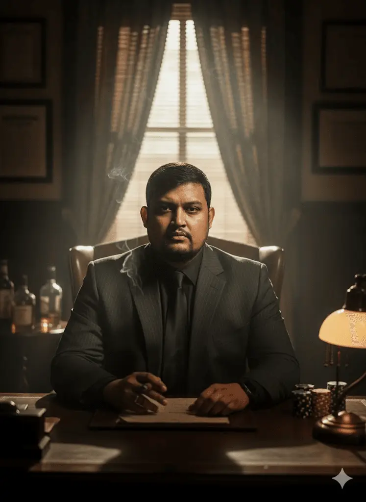 Shadowy figure in a suit exuding dramatic mafia boss cinematic vibes
