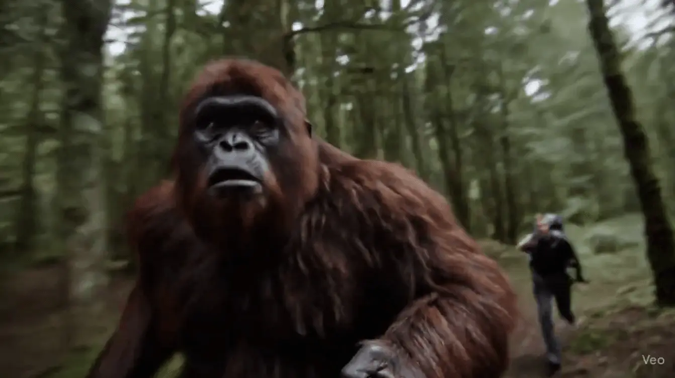 Shaggy Bigfoot figure moving through dark atmospheric woodland scenery