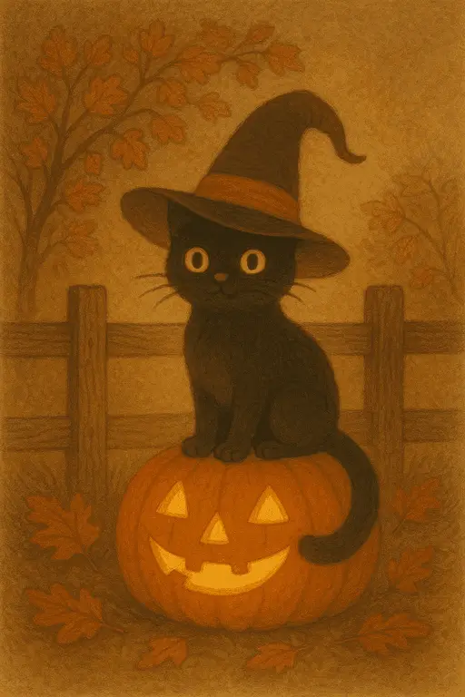 Sleek black cat sitting proudly atop a glowing pumpkin throne